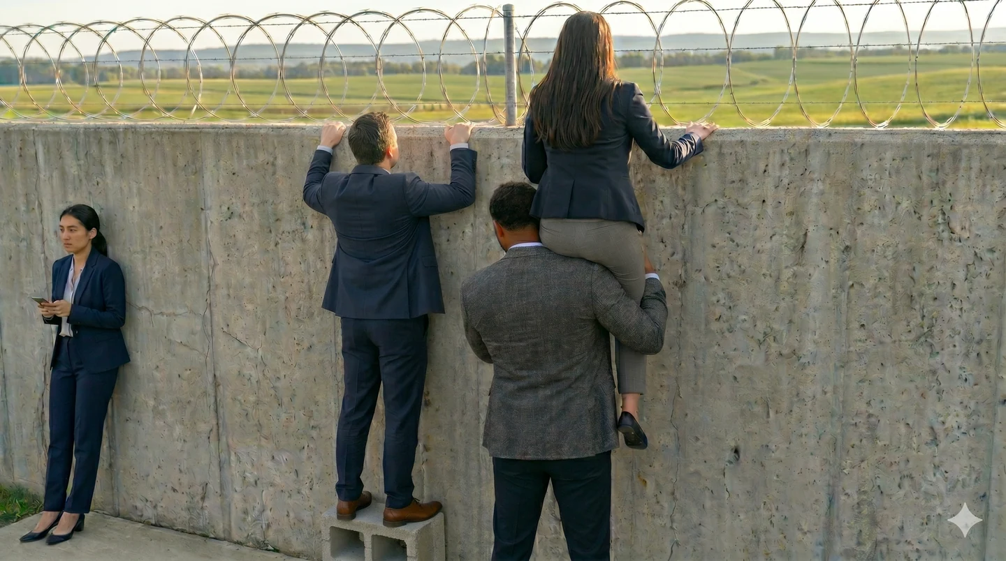 Business professionals attempting to scale a concrete wall topped with razor wire, illustrating the security barrier facing firms adopting AI