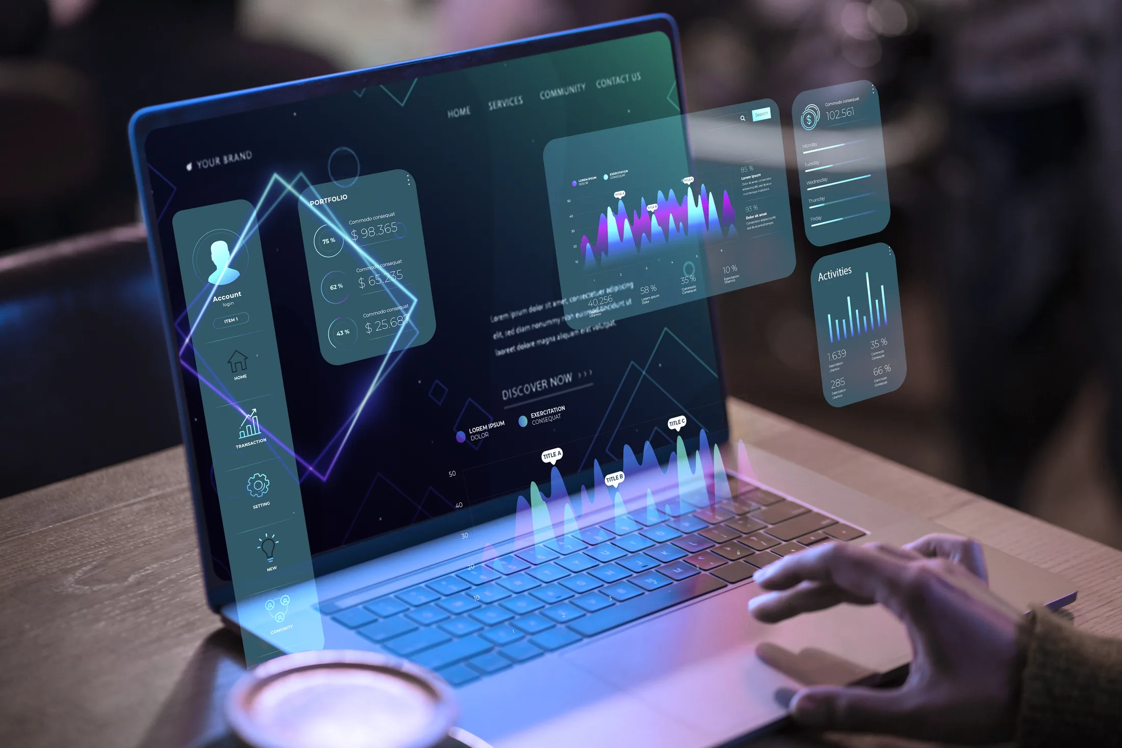 Laptop displaying holographic dashboards showcasing AI automation and business systems analytics.