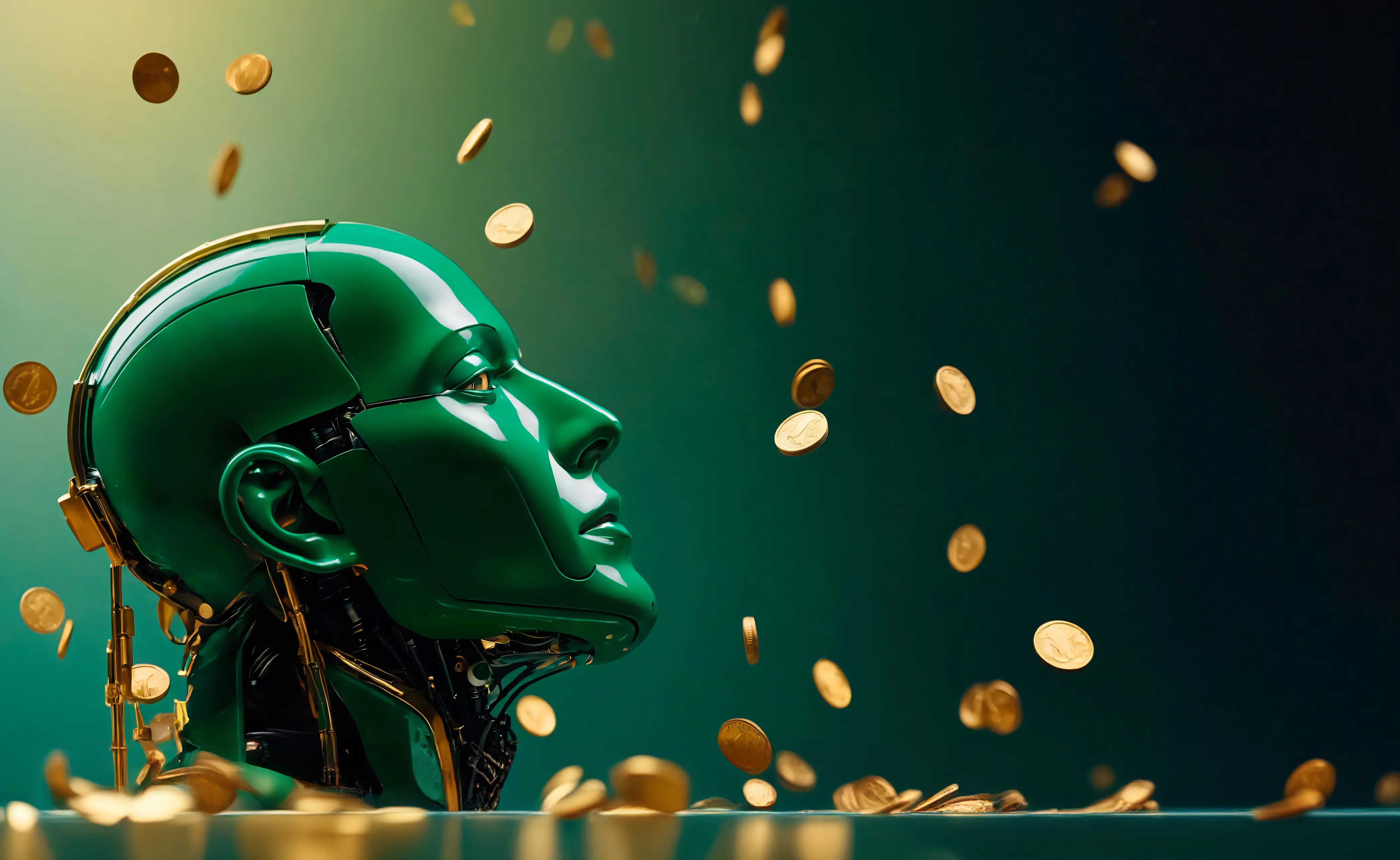 Green AI automation robot head surrounded by falling gold coins representing business growth.
