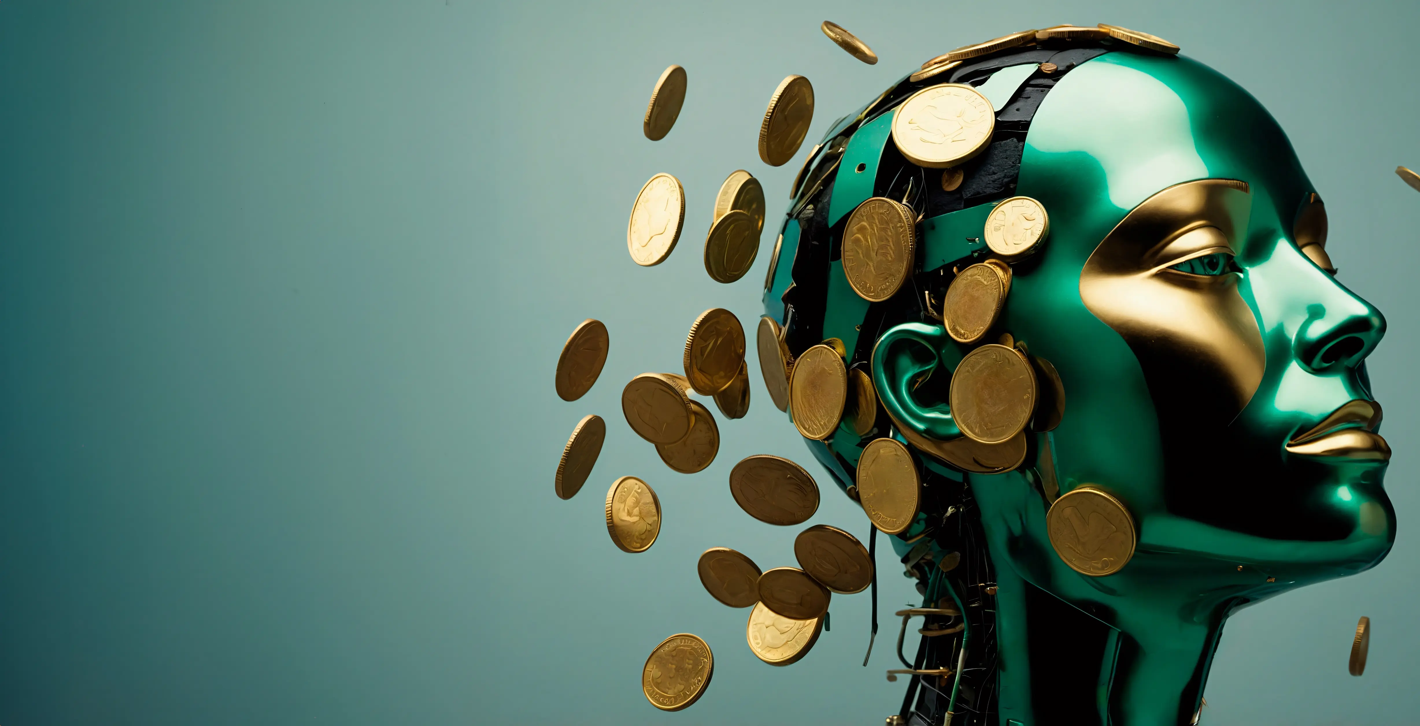 AI automation concept with gold coins flowing from a robotic mind