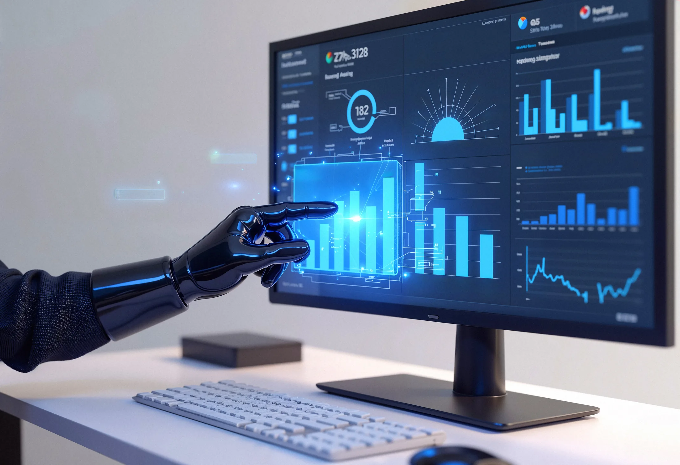 Robotic hand touching data dashboard, representing AI automation in business systems analytics.