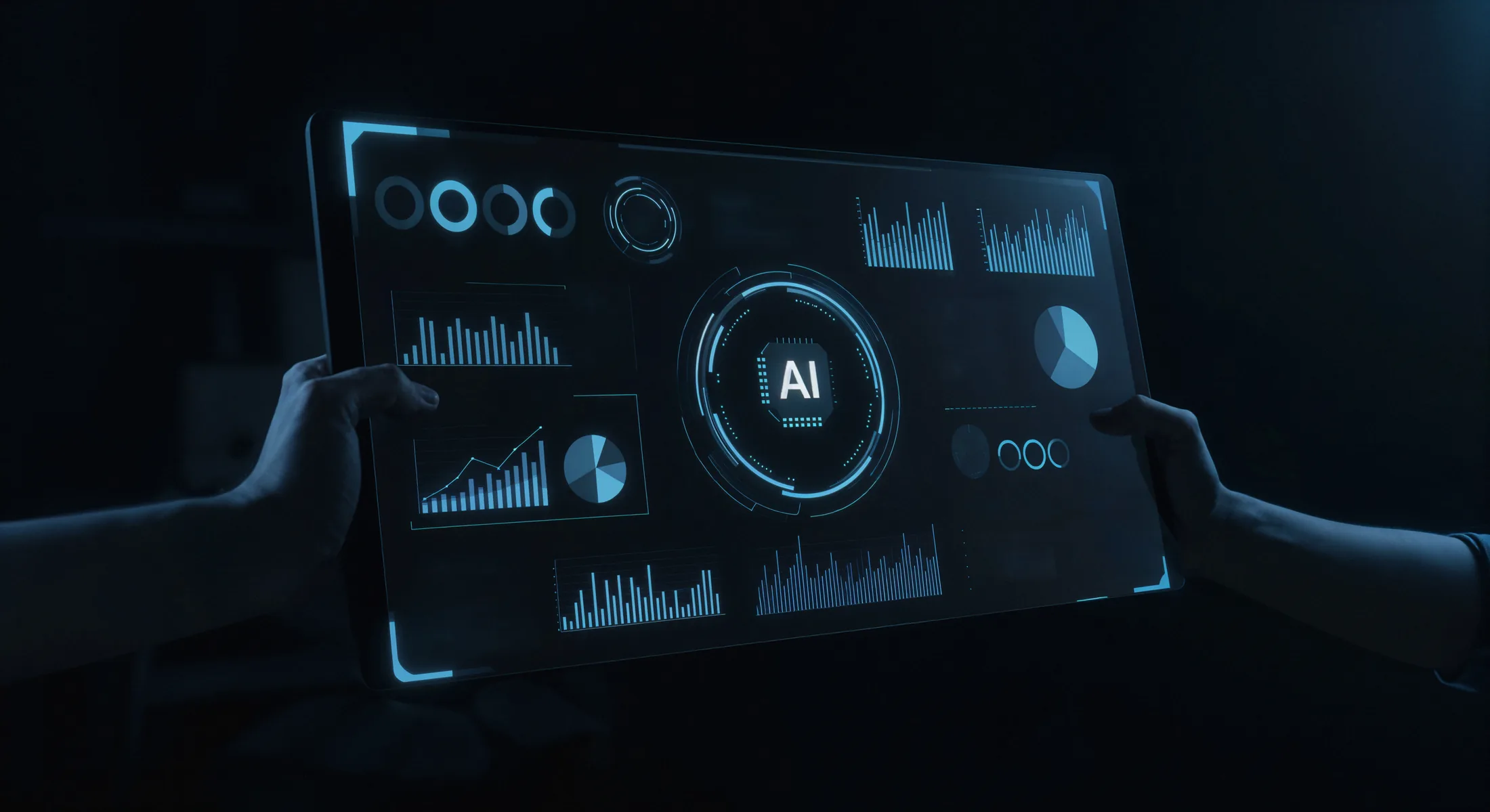 Hands holding tablet displaying AI dashboard with analytics, illustrating business systems automation